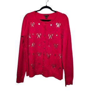 Esperanza Sweater Cardigan LG Red Dainty Silver Sequin Bows Coquette Kawaii Xmas